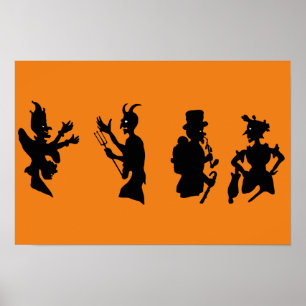Vintage Halloween Demon Devil Silhouettes Poster