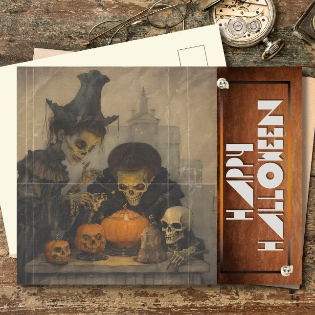 Vintage Halloween Eerie Skeletons Carving Pumpkins Holiday Postcard (Creator Uploaded)