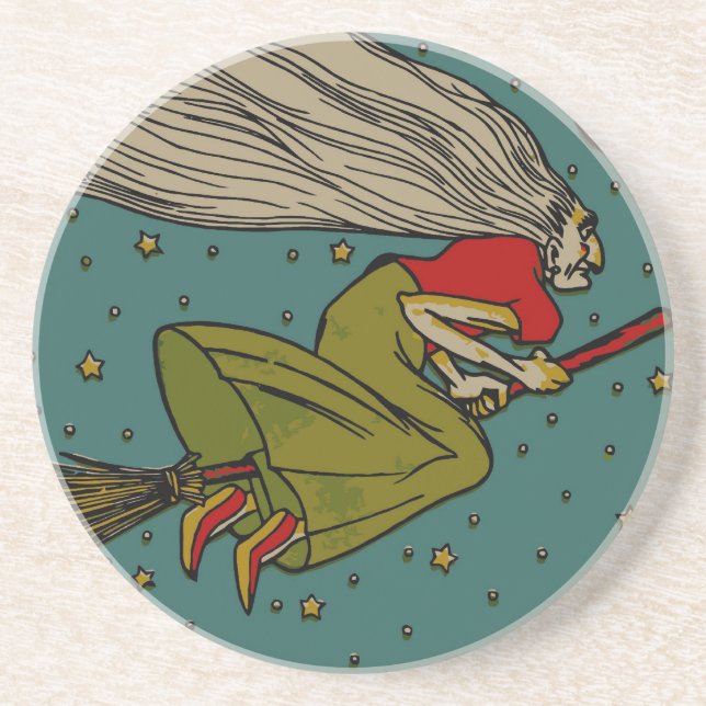 Vintage Halloween, Evil Witch Flying on Broomstick Coaster (Front)