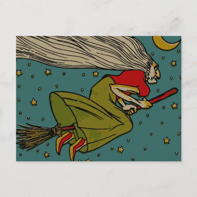 Vintage Halloween, Evil Witch Flying on Broomstick Postcard (Front)