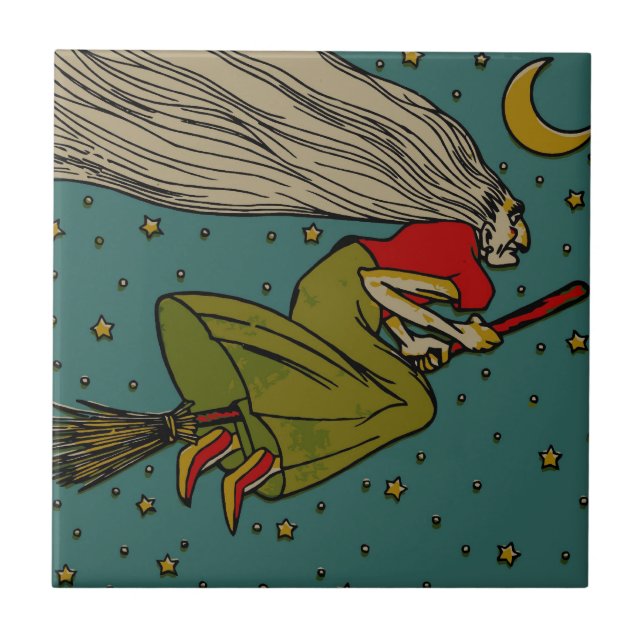 Vintage Halloween, Evil Witch Flying on Broomstick Tile (Front)