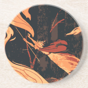Vintage Halloween, Evil Witch with Fire in Forest Coaster