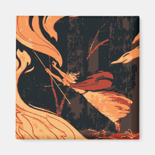 Vintage Halloween, Evil Witch with Fire in Forest Magnet