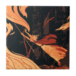 Vintage Halloween, Evil Witch with Fire in Forest Tile