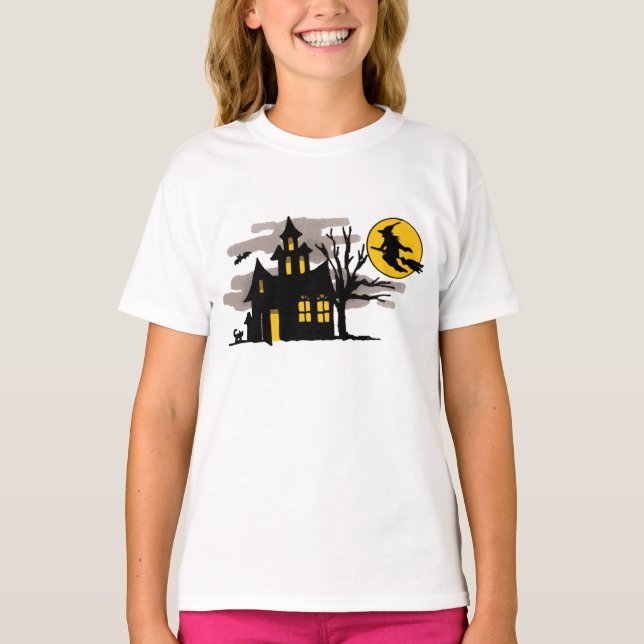 Vintage Halloween Flying over Haunted House T-Shirt (Front)