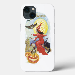Vintage Halloween, Flying Witch with a Black Cat iPhone 13 Case