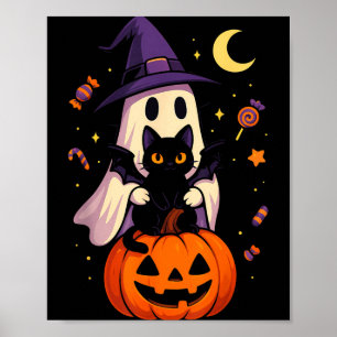 Vintage Halloween Ghost And Black Cat Graphic Poster