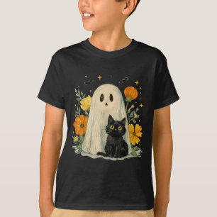 Vintage Halloween Ghost Black Cat Groovy Floral T-Shirt