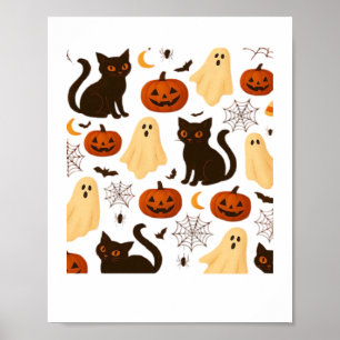 Vintage Halloween Ghost & Black Cat Pattern Classi Poster