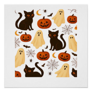 Vintage Halloween Ghost & Black Cat Pattern Classi Poster