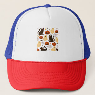 Vintage Halloween Ghost & Black Cat Pattern Classi Trucker Hat