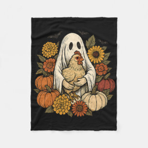 Vintage Halloween Ghost Chicken Autumn Flowers Pum Fleece Blanket