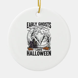 Vintage Halloween Ghost Haunted Moon Engraving Art Ceramic Tree Decoration