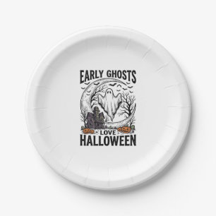 Vintage Halloween Ghost Haunted Moon Engraving Art Paper Plate
