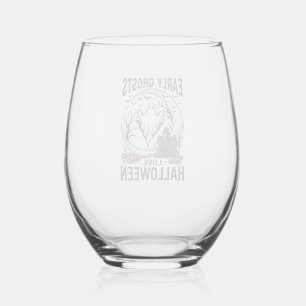 Vintage Halloween Ghost Haunted Moon Engraving Art Stemless Wine Glass