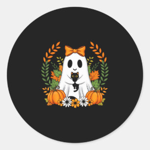 Vintage halloween ghost holding black cat groovy classic round sticker