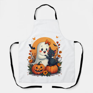 Vintage Halloween Ghost Holding Black Cat Groovy F Apron