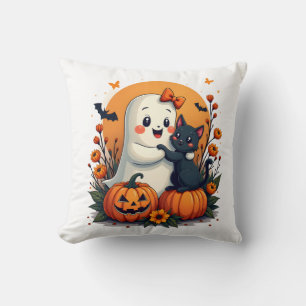 Vintage Halloween Ghost Holding Black Cat Groovy F Cushion
