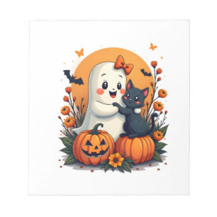 Vintage Halloween Ghost Holding Black Cat Groovy F Notepad