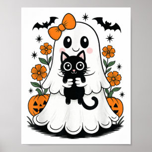 Vintage Halloween Ghost Holding Black Cat Groovy F Poster