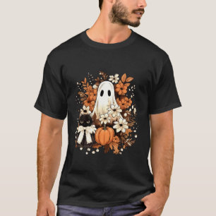 Vintage Halloween Ghost Holding Black Cat Groovy F T-Shirt