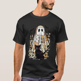 Vintage Halloween Ghost Holding Black Cat Groovy F T-Shirt