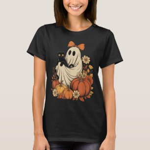 Vintage Halloween Ghost Holding Black Cat Groovy F T-Shirt
