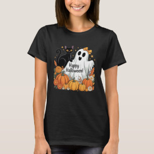 Vintage Halloween Ghost Holding Black Cat Groovy F T-Shirt