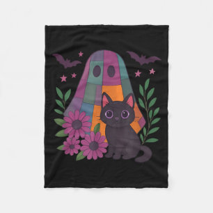 Vintage Halloween Ghost Holding Black Cat Groovy Fleece Blanket