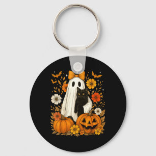 Vintage Halloween Ghost Holding Black Cat Groovy Key Ring