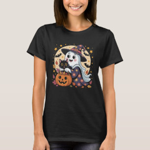 Vintage Halloween Ghost Holding Black Cat Groovy  T-Shirt