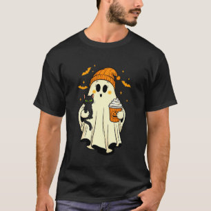 Vintage Halloween Ghost Holding Black Cat Pumpkin  T-Shirt