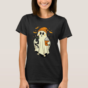 Vintage Halloween Ghost Holding Black Cat Pumpkin T-Shirt