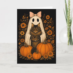 Vintage Halloween Ghost Holding Maine Coon Cat  Card