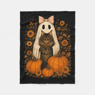 Vintage Halloween Ghost Holding Maine Coon Cat Fleece Blanket