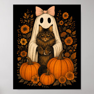 Vintage Halloween Ghost Holding Maine Coon Cat  Poster