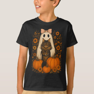 Vintage Halloween Ghost Holding Maine Coon Cat T-Shirt