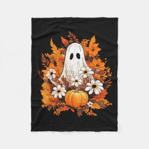 Vintage Halloween Ghost Pumpkin Daisy Floral Autum Fleece Blanket