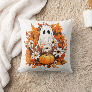 Vintage Halloween Ghost Pumpkin Daisy Floral Cushion