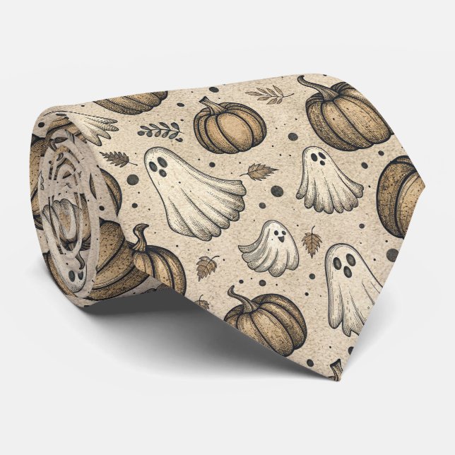 Vintage Halloween Ghost Pumpkin Rustic Parchment Tie (Rolled)