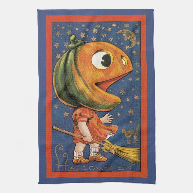 Vintage Halloween, Giant Pumpkin Head Costume Tea Towel (Vertical)