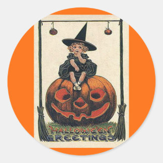 Vintage Halloween Girl on Jack o'Lantern Classic Round Sticker