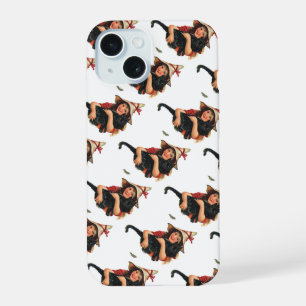 Vintage Halloween, Girl Witch with Black Cat iPhone 15 Case