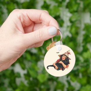 Vintage Halloween, Girl Witch with Black Cat Key Ring