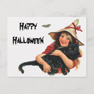 Vintage Halloween, Girl Witch with Black Cat Postcard