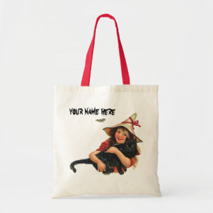 Vintage Halloween, Girl Witch with Black Cat Tote Bag