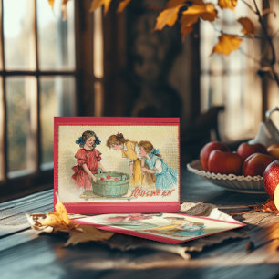 Vintage Halloween Girls Bobbing For Apples Card