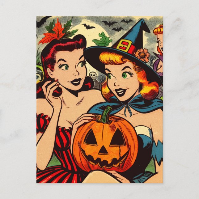 Vintage Halloween Girls Comics Postcard (Front)