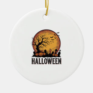 Vintage Halloween Graveyard Bat Moon Art_1 Ceramic Tree Decoration