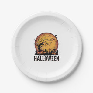 Vintage Halloween Graveyard Bat Moon Art_1 Paper Plate